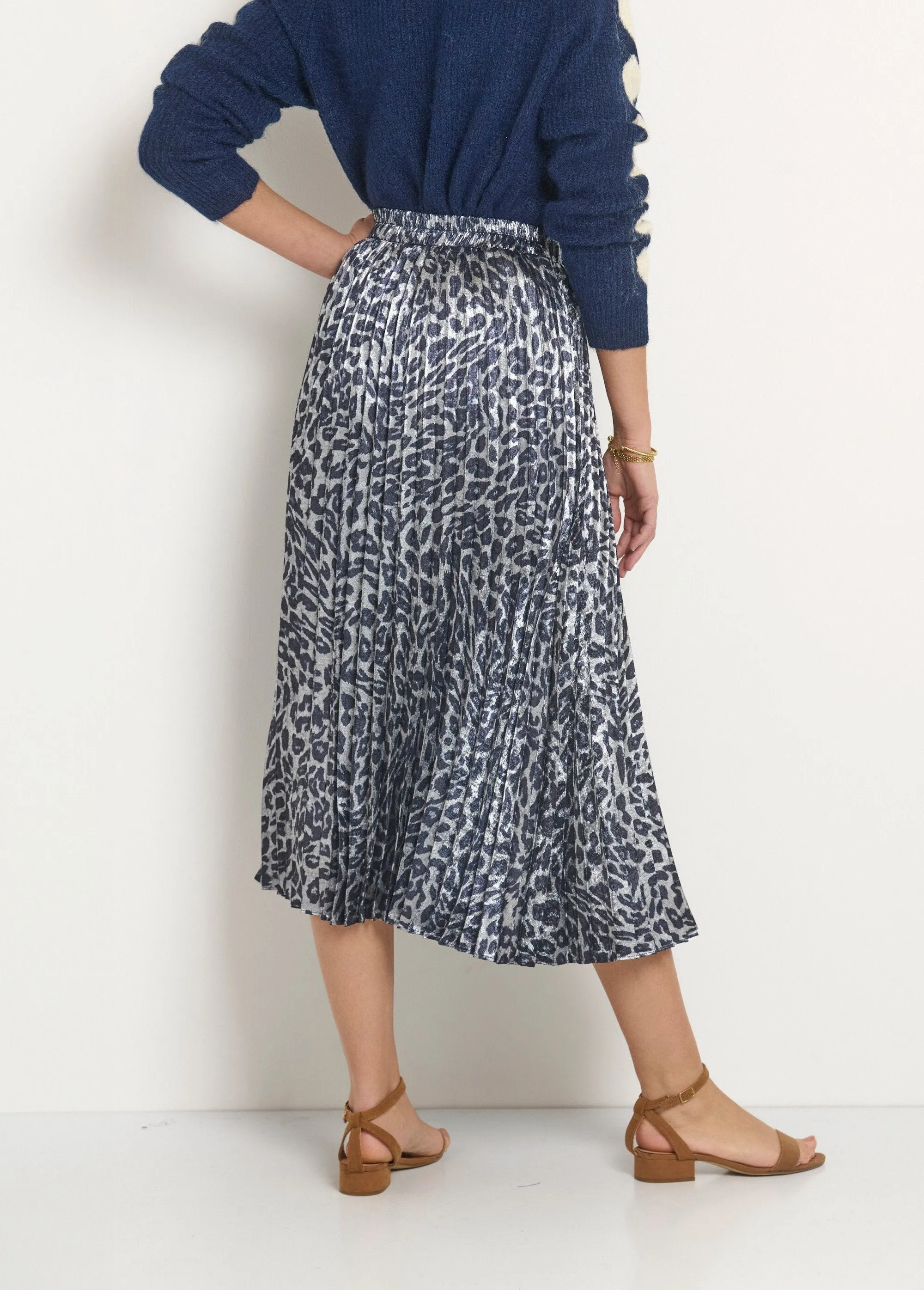 Metallic Leopard Pleated Long Skirt
