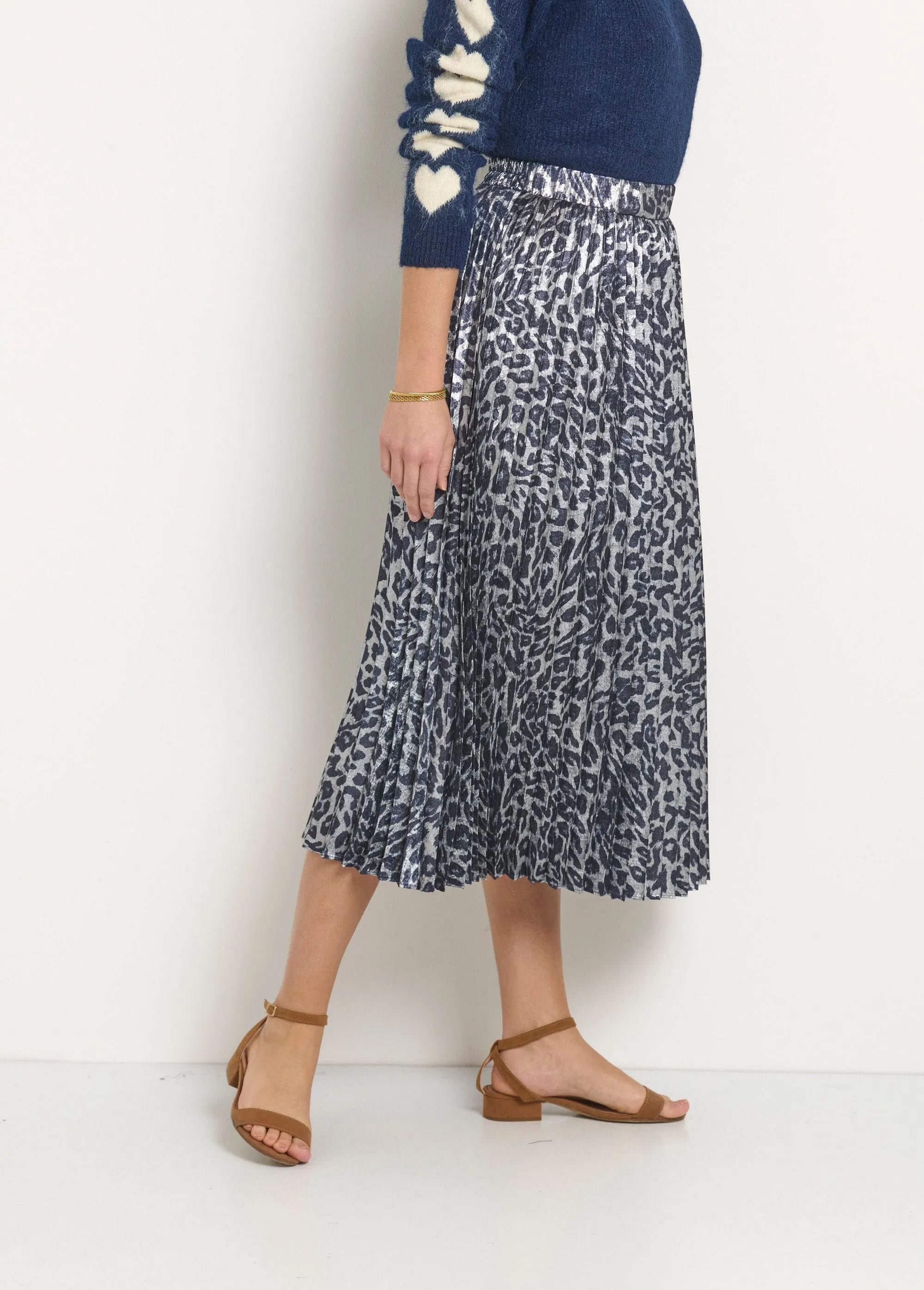Metallic Leopard Pleated Long Skirt
