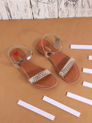 Metro Women Gold-Toned Woven Design Open Toe Flats