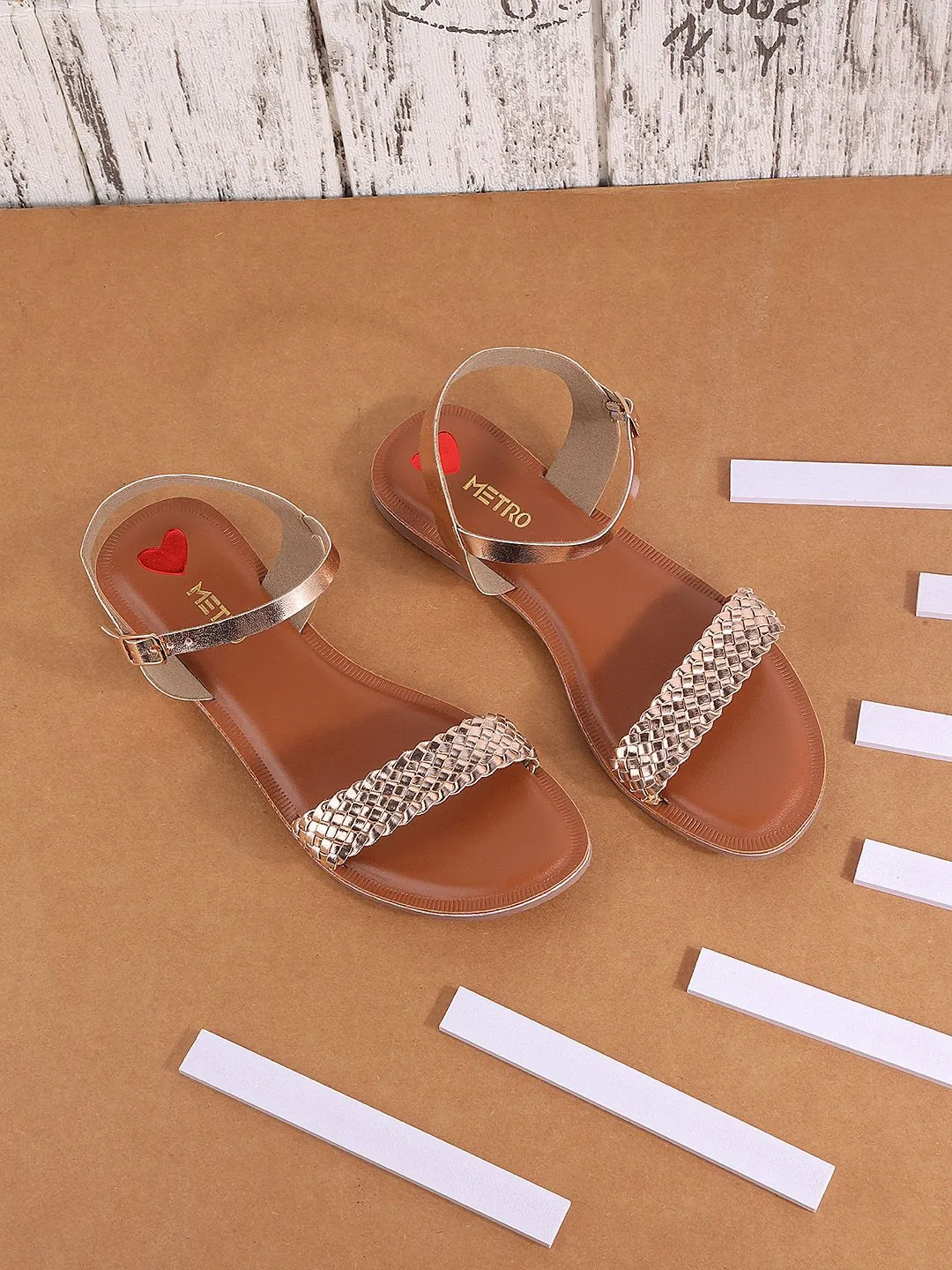 Metro Women Gold-Toned Woven Design Open Toe Flats