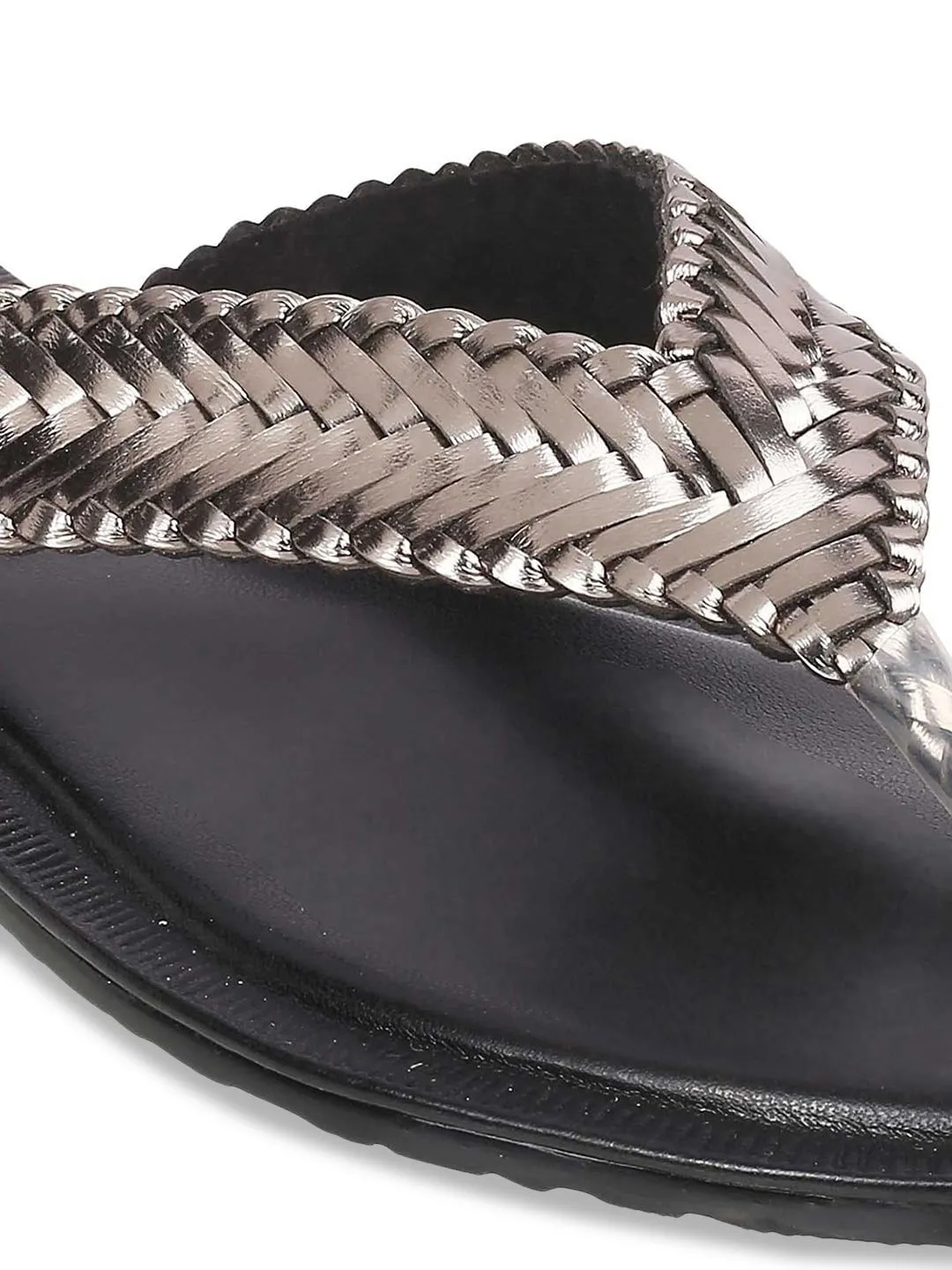 Metro Women Grey Woven Design T-Strap Flats