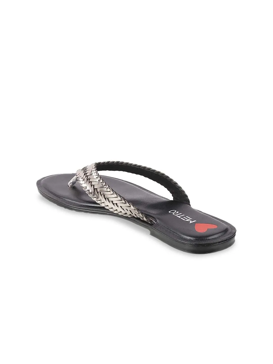Metro Women Grey Woven Design T-Strap Flats
