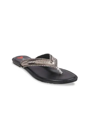 Metro Women Grey Woven Design T-Strap Flats