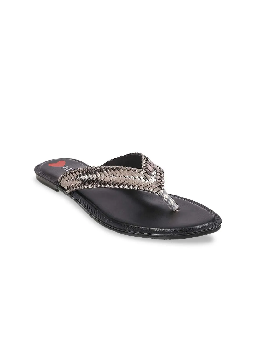 Metro Women Grey Woven Design T-Strap Flats