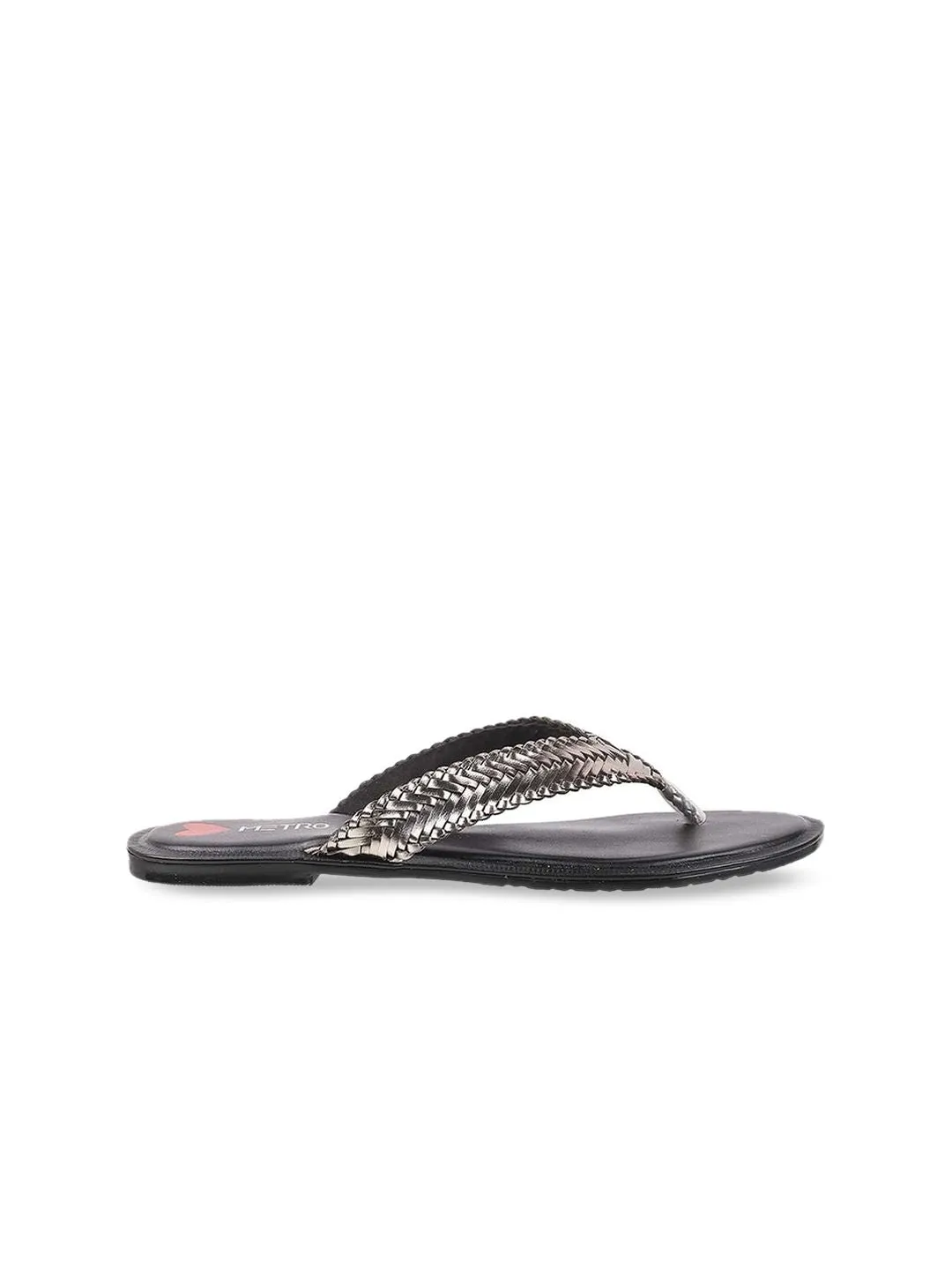 Metro Women Grey Woven Design T-Strap Flats