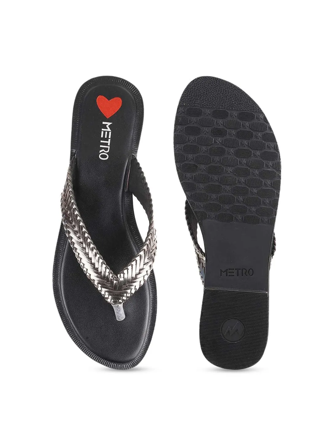 Metro Women Grey Woven Design T-Strap Flats
