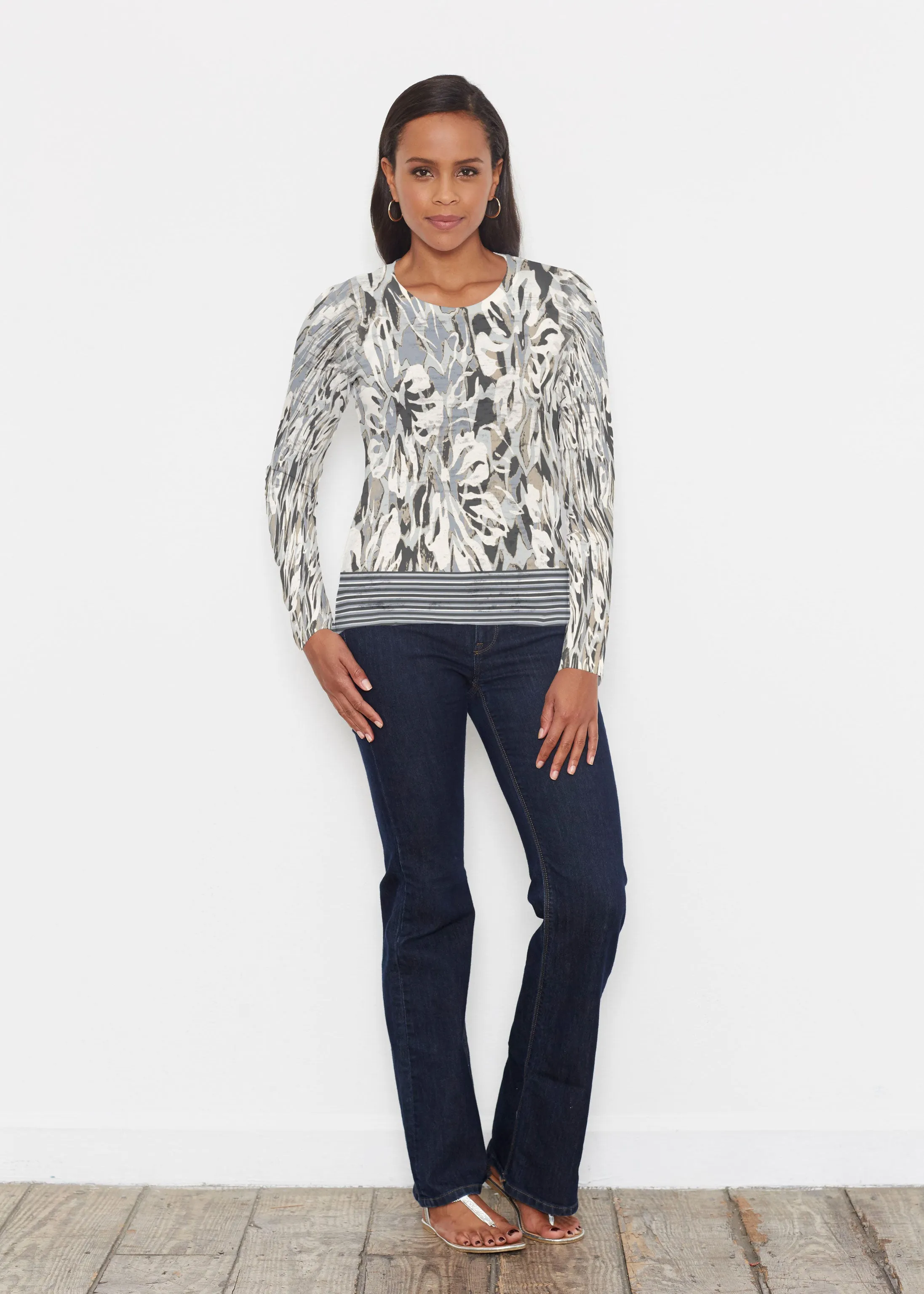 Mystic Floral Stripe Grey (19170) ~ Signature Long Sleeve Crew Shirt