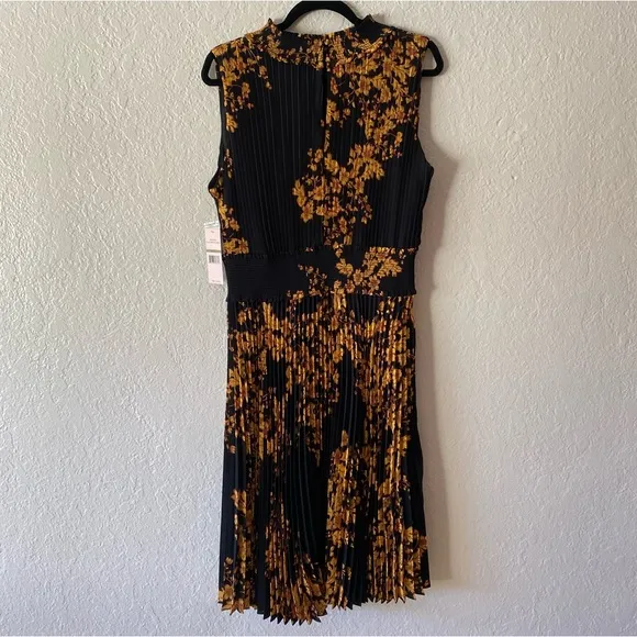 Nanette Lepore Floral Dress Size 14 Black Yellow Flower Pleated Office Work Midi