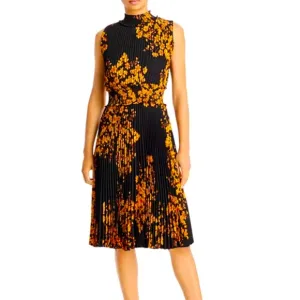 Nanette Lepore Floral Dress Size 14 Black Yellow Flower Pleated Office Work Midi