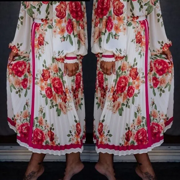 NEW Midi pleated floral maxi skirt fall family photos business casual S M L