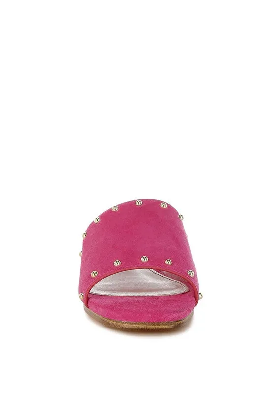 Odalia Soft Suede Leather Studded Flats - Slip-On, Cushioned, Fuchsia & Beige