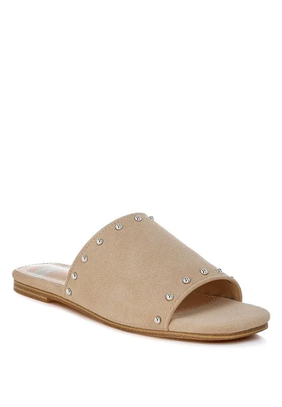 Odalia Soft Suede Leather Studded Flats - Slip-On, Cushioned, Fuchsia & Beige