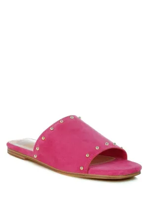 Odalia Soft Suede Leather Studded Flats - Slip-On, Cushioned, Fuchsia & Beige