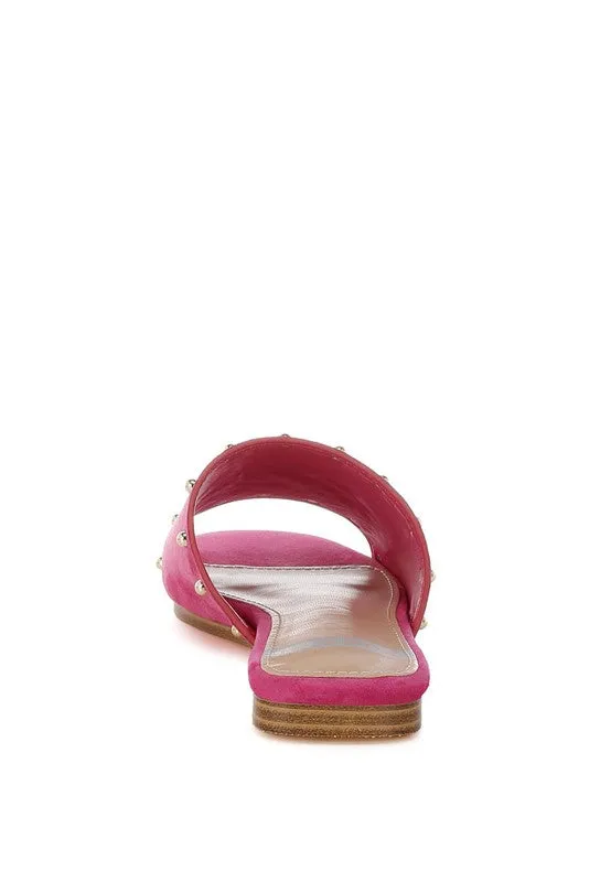 Odalia Soft Suede Leather Studded Flats - Slip-On, Cushioned, Fuchsia & Beige