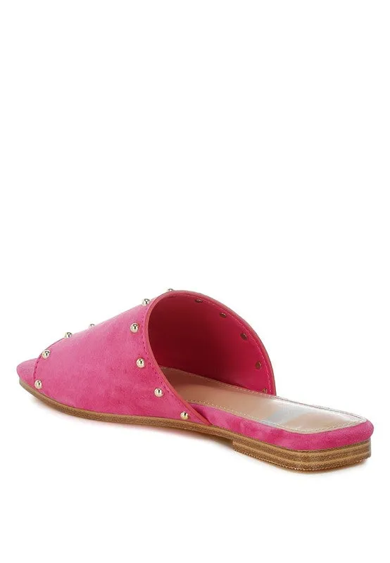 Odalia Soft Suede Leather Studded Flats - Slip-On, Cushioned, Fuchsia & Beige