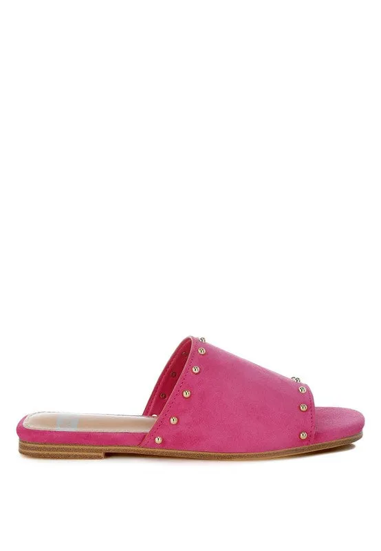 Odalia Soft Suede Leather Studded Flats - Slip-On, Cushioned, Fuchsia & Beige