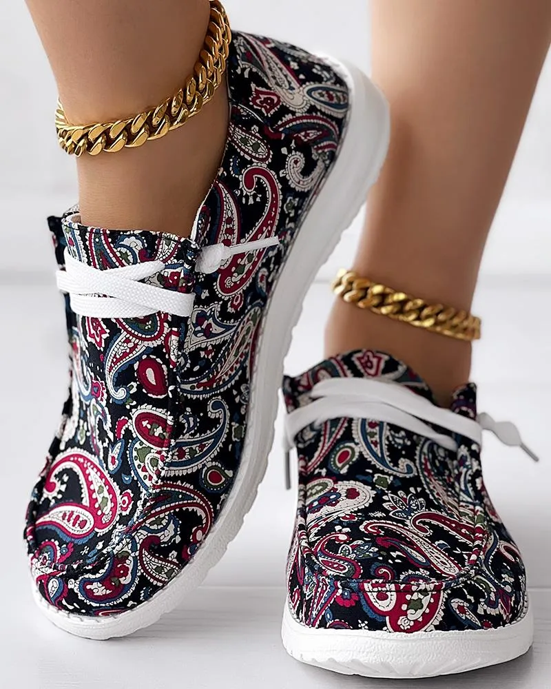 Paisley Print Lace up Casual Slip On
