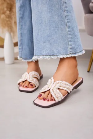 PINK PEARL DETAIL FLAT SLIP ON SLIDER SUMMER SANDALS