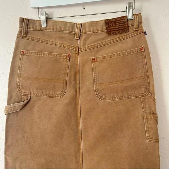 POLO RALPH LAUREN VTG Y2K Canvas Carpenter Cargo Straight Maxi Skirt Tan Size 8