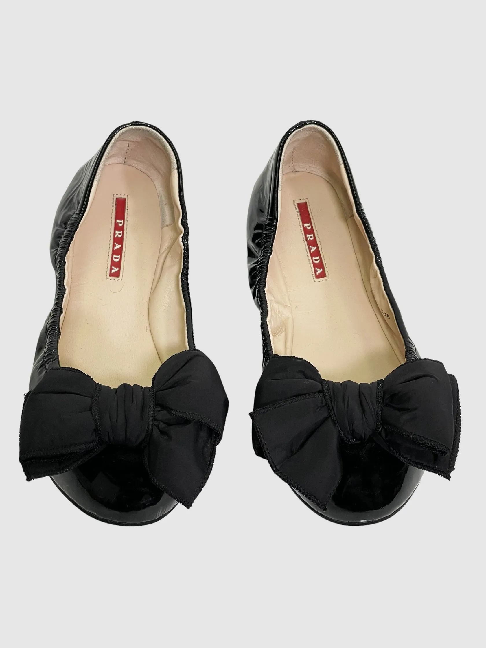Prada Black Patent Leather w/ Bow Flats - Size 38.5
