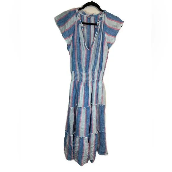 RAILS AMELLIA LINEN-BLEND MIDI BLUE PINK DRESS KONA STRIPE COTTON LINEN TIERED