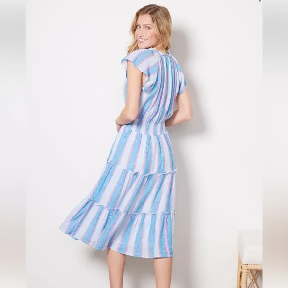 RAILS AMELLIA LINEN-BLEND MIDI BLUE PINK DRESS KONA STRIPE COTTON LINEN TIERED