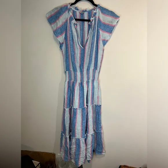 RAILS AMELLIA LINEN-BLEND MIDI BLUE PINK DRESS KONA STRIPE COTTON LINEN TIERED