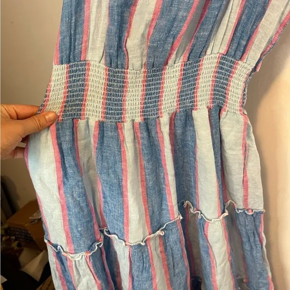 RAILS AMELLIA LINEN-BLEND MIDI BLUE PINK DRESS KONA STRIPE COTTON LINEN TIERED