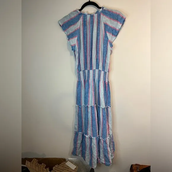 RAILS AMELLIA LINEN-BLEND MIDI BLUE PINK DRESS KONA STRIPE COTTON LINEN TIERED