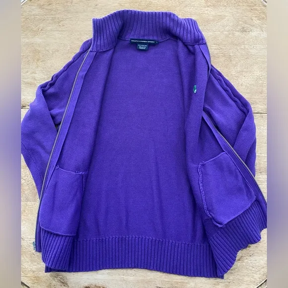 Ralph Lauren Sport Women’s Sz L Purple‎ Ribbed Chunky Knit Full Zip Sweater