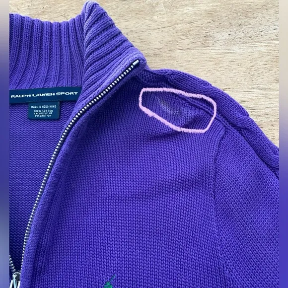 Ralph Lauren Sport Women’s Sz L Purple‎ Ribbed Chunky Knit Full Zip Sweater