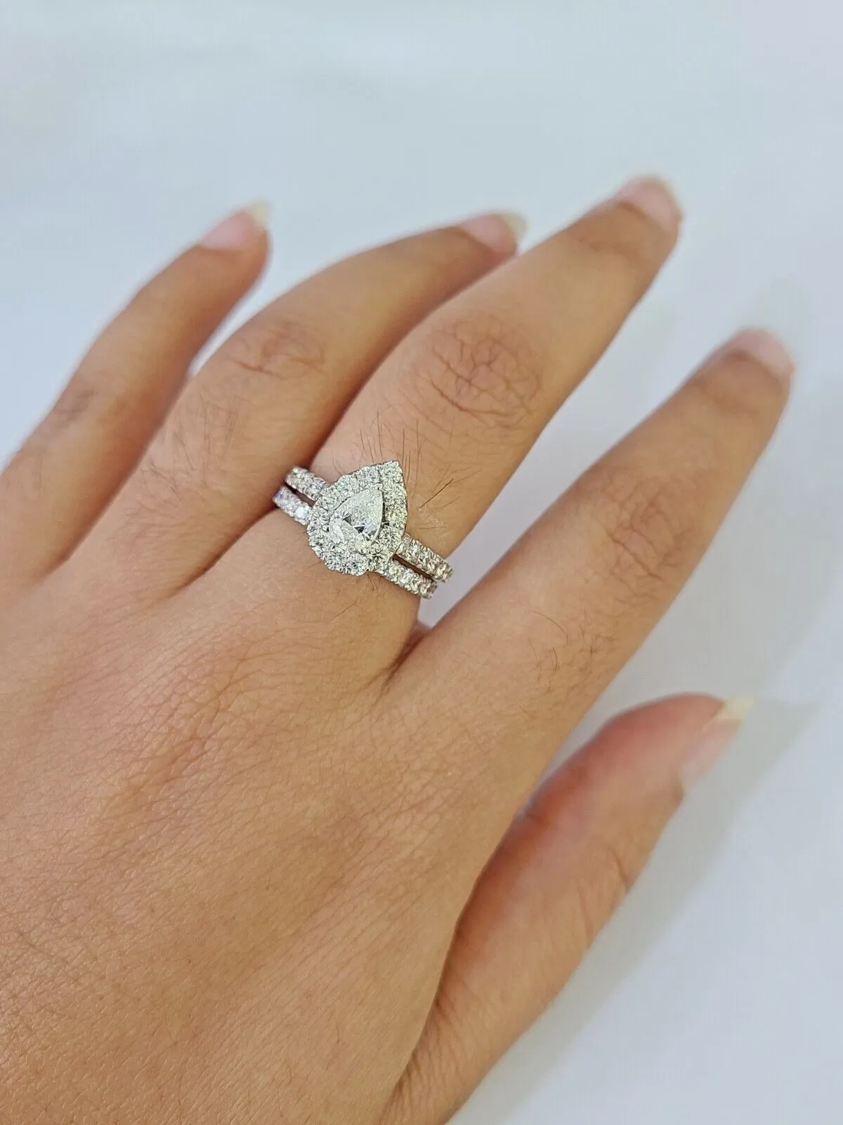 Real 14k White Gold Diamond Ladies Ring Band Set Tear drop 2CT Natural Diamond