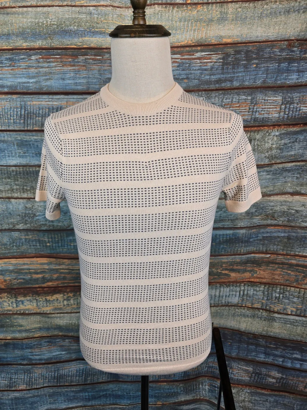 Remus Uomo Slim Fit Jacquard Tee– Ecru Navy