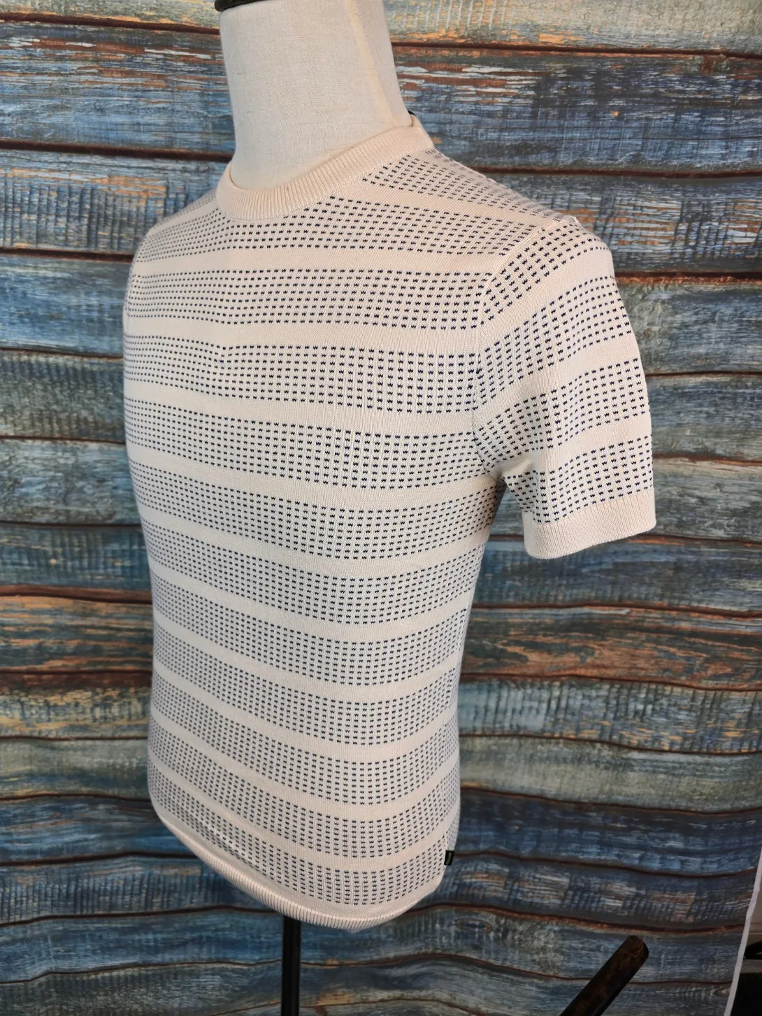 Remus Uomo Slim Fit Jacquard Tee– Ecru Navy