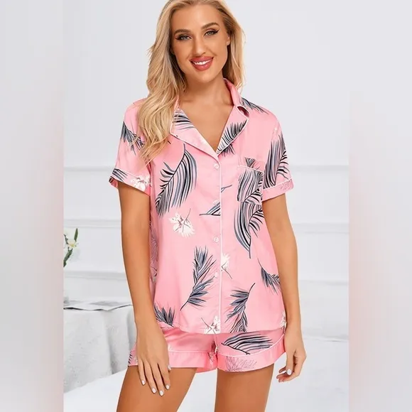 SET 2 piece pajama set: Satin shirt and shorts pj Set