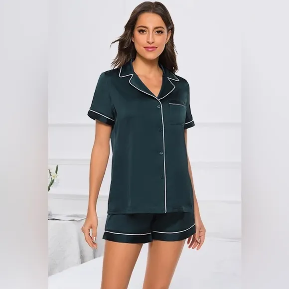 SET 2 piece pajama set: Satin shirt and shorts pj Set