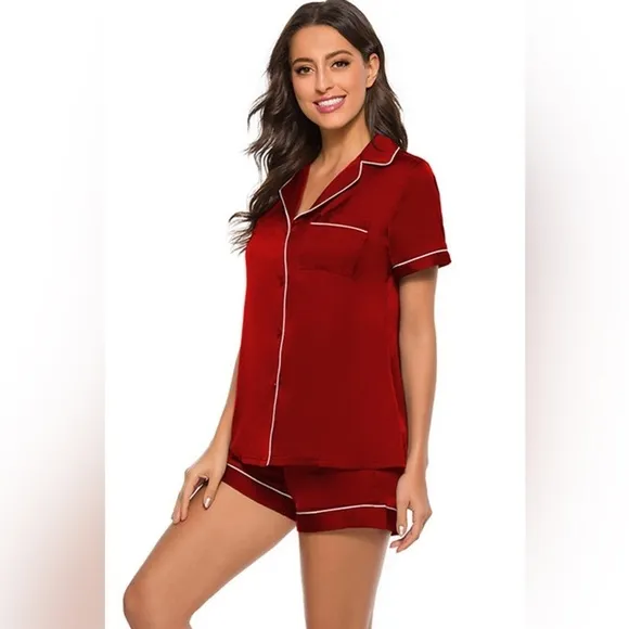 SET 2 piece pajama set: Satin shirt and shorts pj Set