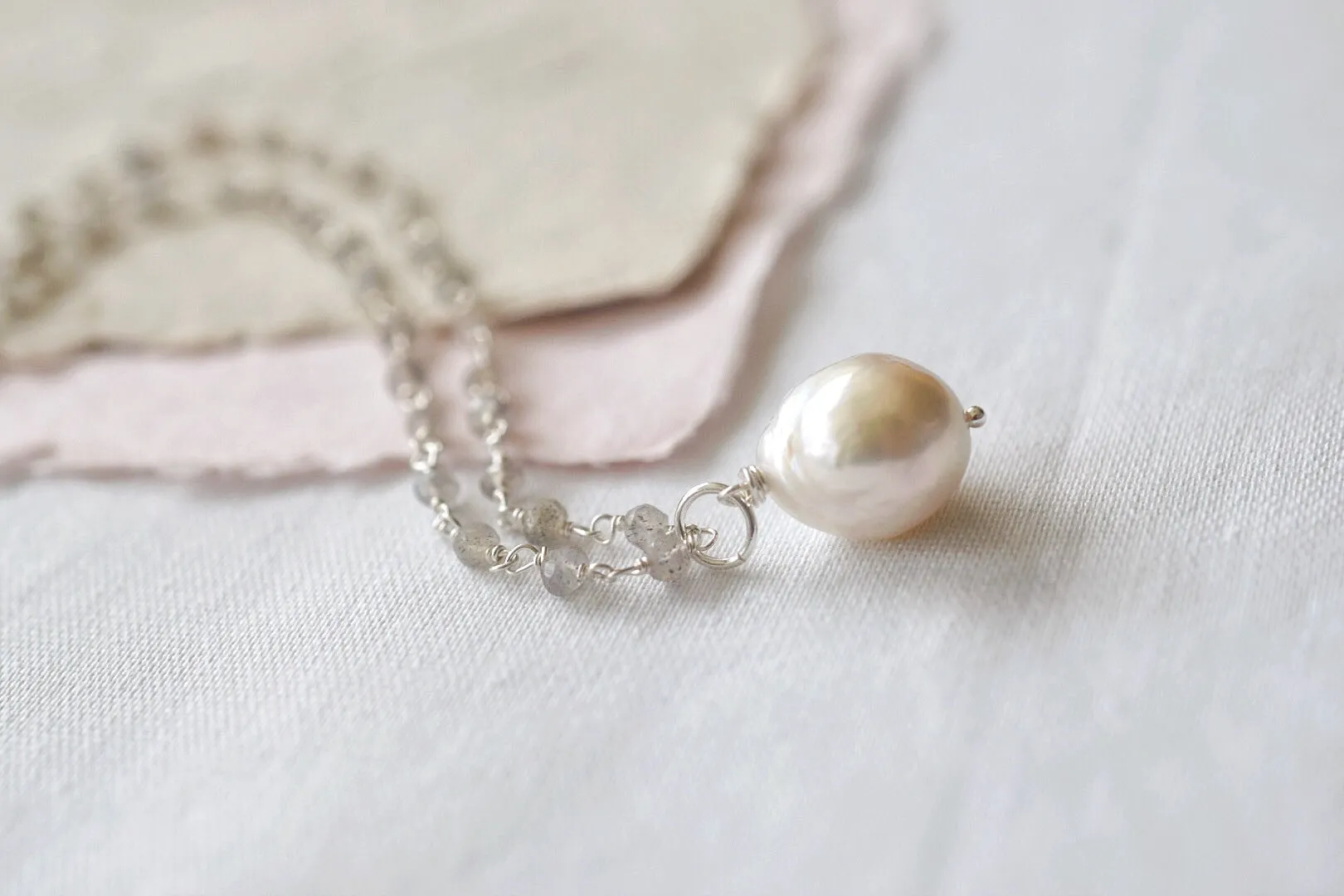 Silver Satin Rosary Necklace, Lg. Baroque Drop Pearl