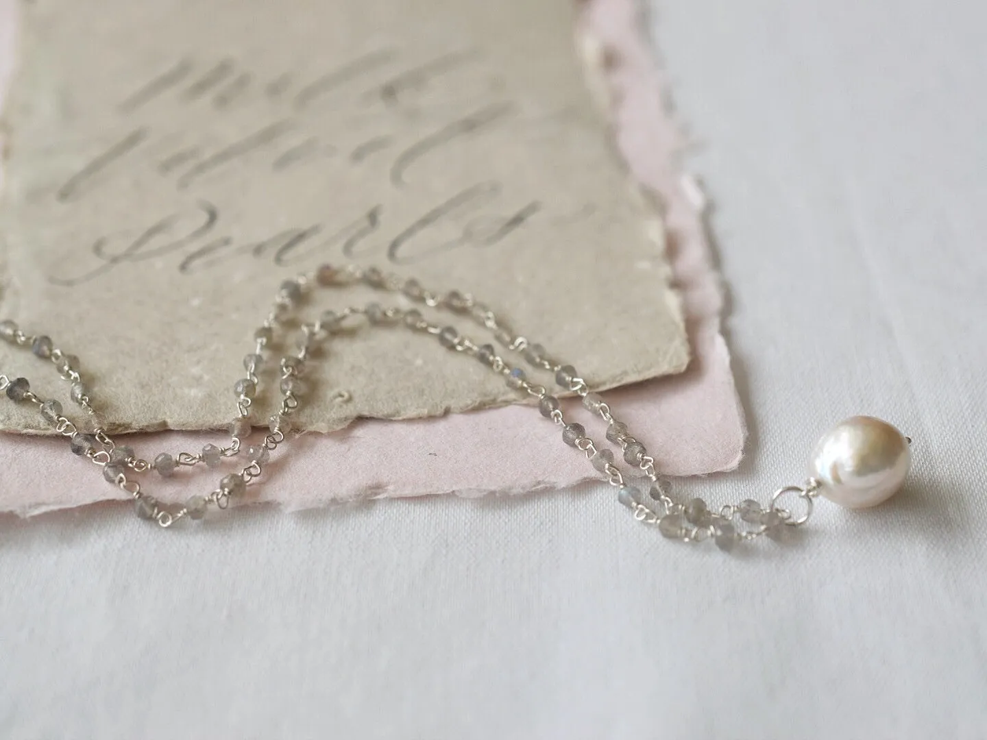 Silver Satin Rosary Necklace, Lg. Baroque Drop Pearl
