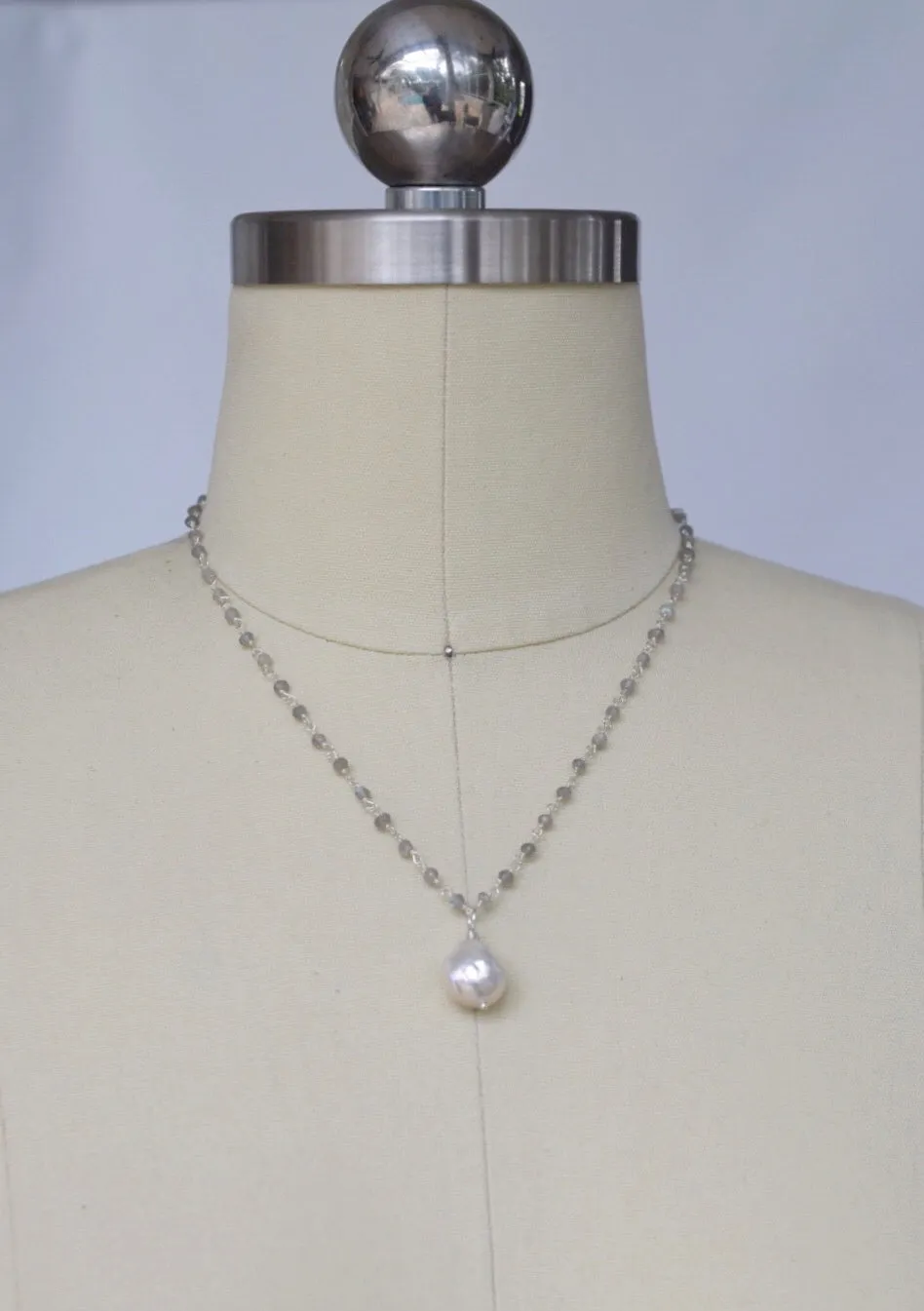 Silver Satin Rosary Necklace, Lg. Baroque Drop Pearl