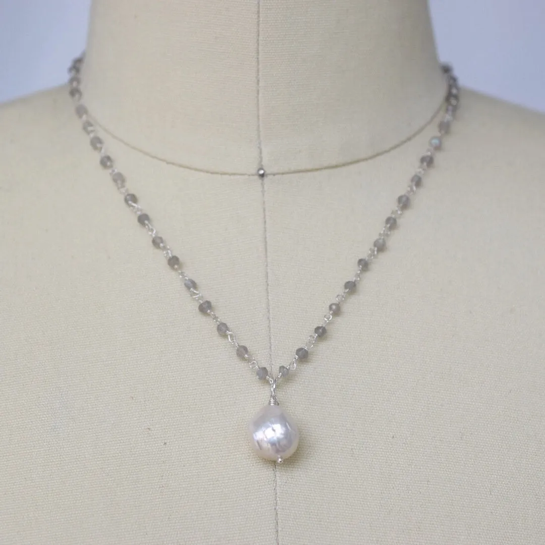Silver Satin Rosary Necklace, Lg. Baroque Drop Pearl