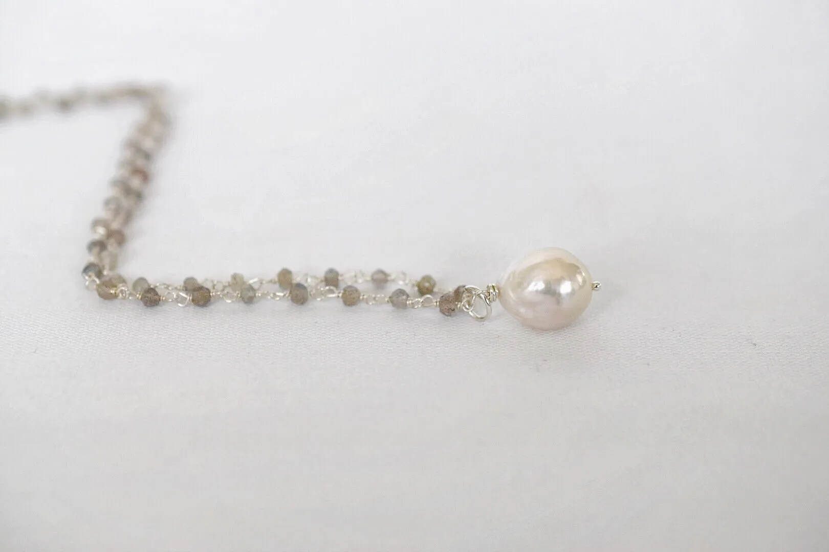 Silver Satin Rosary Necklace, Lg. Baroque Drop Pearl