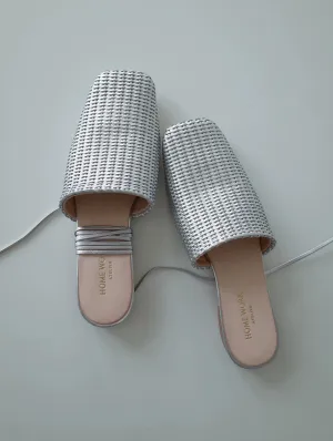 Silver Woven Square Toe Mules