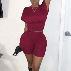 Solid Short Sleeve Crop Top & Shorts Set