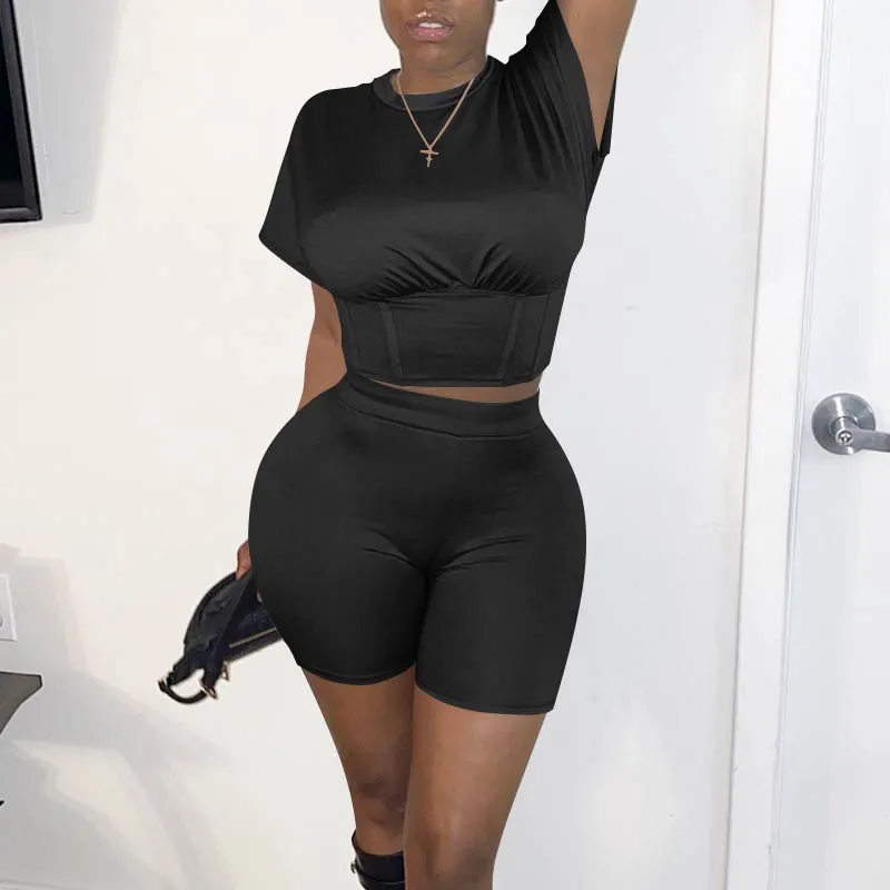 Solid Short Sleeve Crop Top & Shorts Set