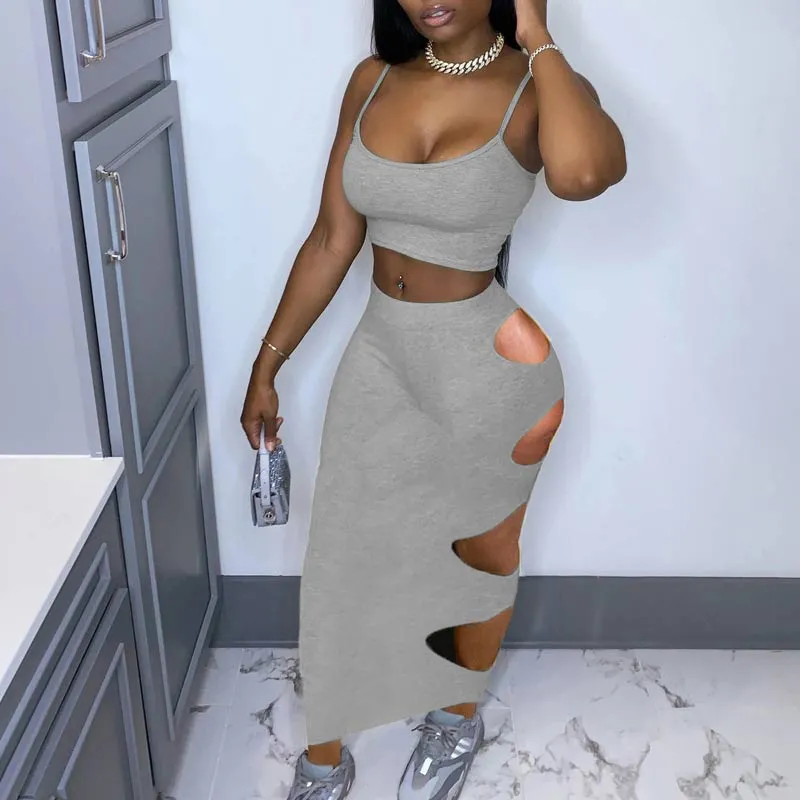 Solid Sleeveless Crop Top & Hollow Out Skirt Set