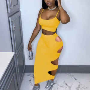 Solid Sleeveless Crop Top & Hollow Out Skirt Set