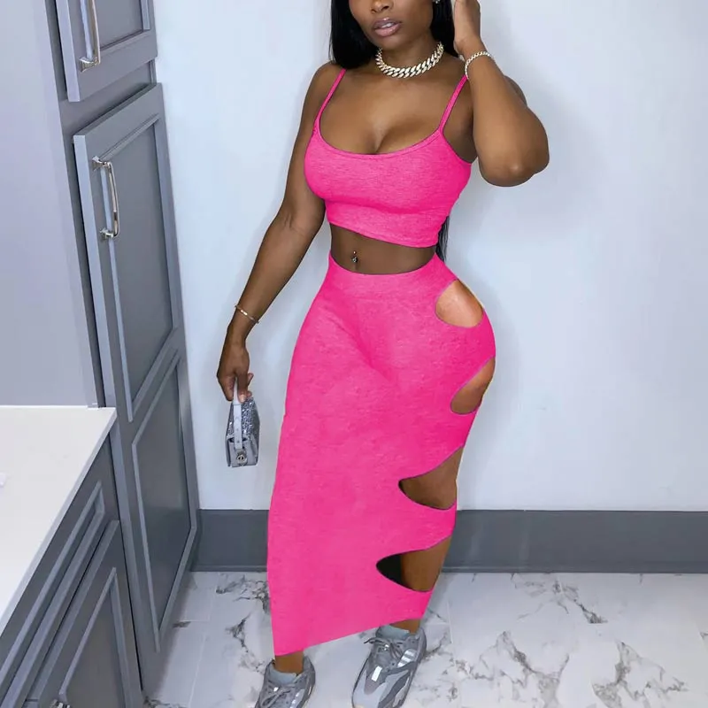 Solid Sleeveless Crop Top & Hollow Out Skirt Set