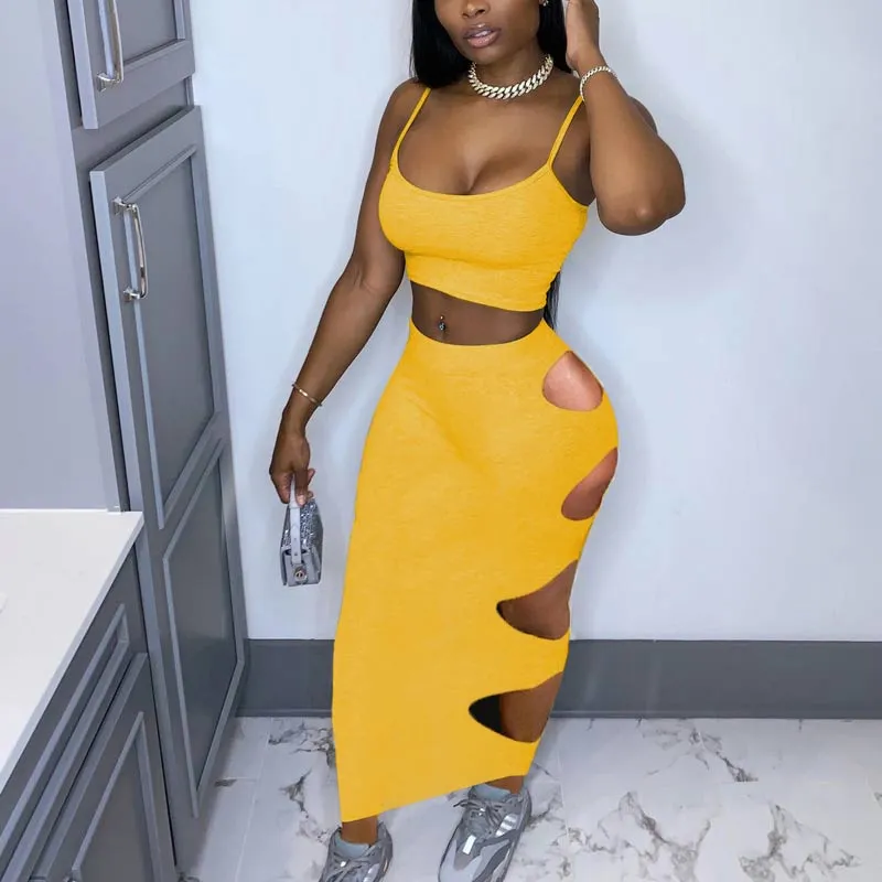 Solid Sleeveless Crop Top & Hollow Out Skirt Set