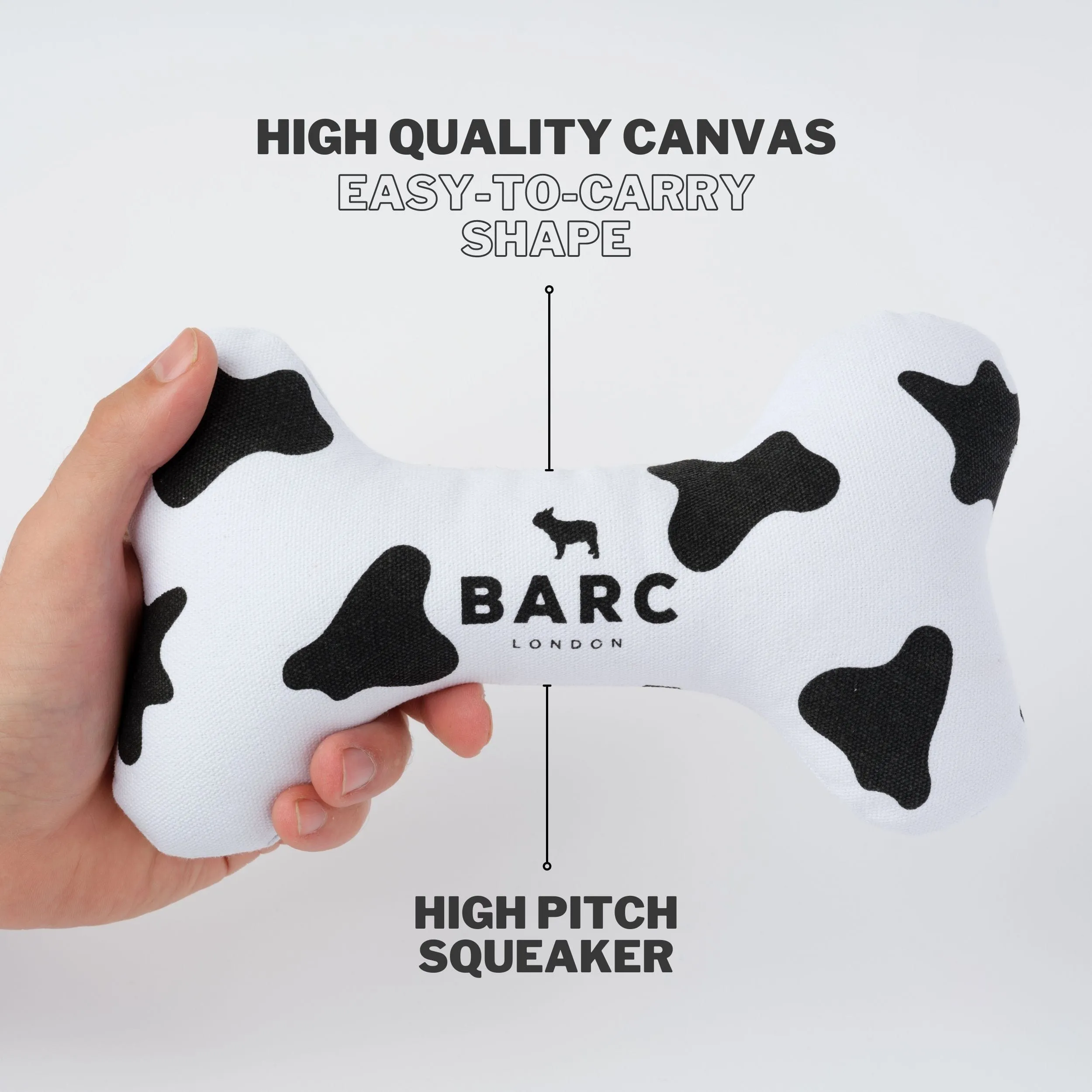 Squeaky Canvas Dog Bone Toy | Cow Print